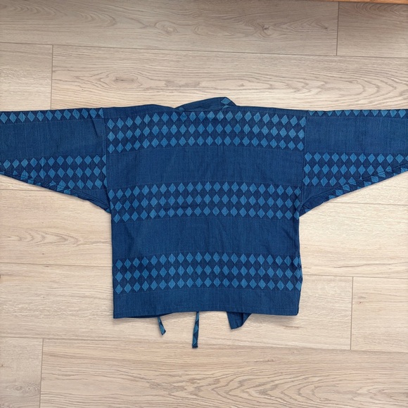 Aoyama Daruma Japan Indigo Sashiko Hanten Haori Kimono Cardigan Diamond - Picture 3 of 11